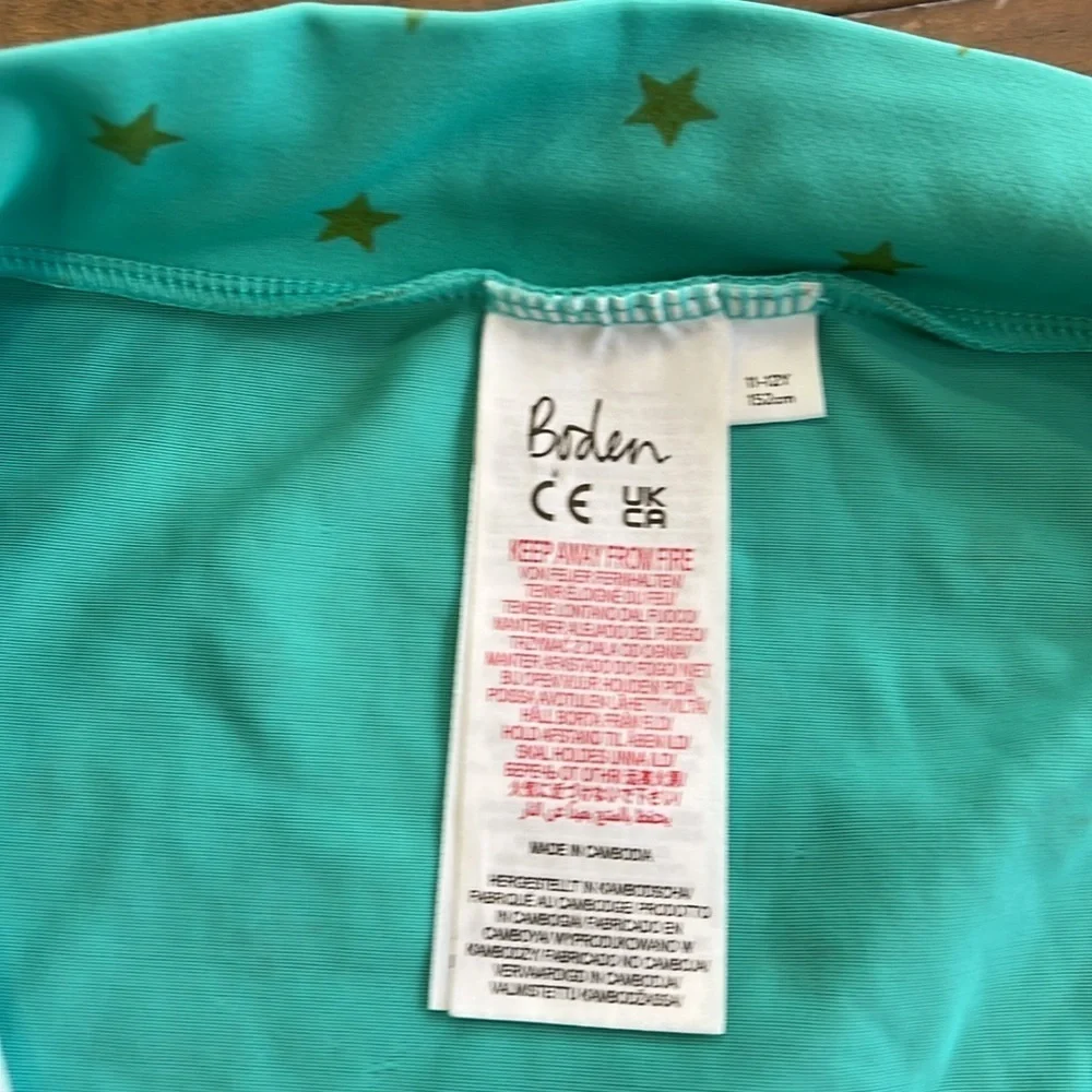 Mini Boden teal gold Star zip front long sleeve one piece rash guard swim suit